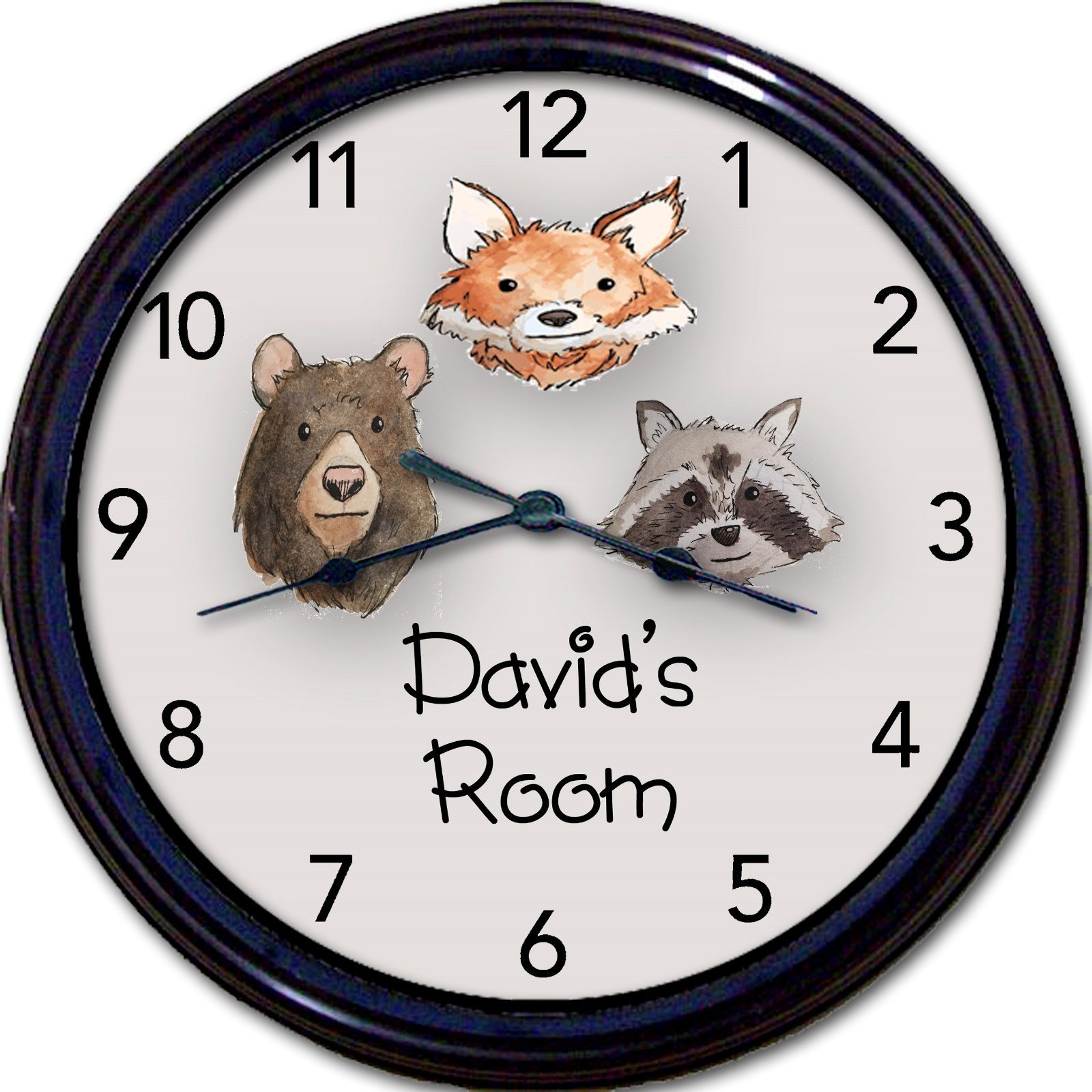 Woodland Wilderness Animals Bear Fox Racoon Custom Personalized Wall Clock 10"