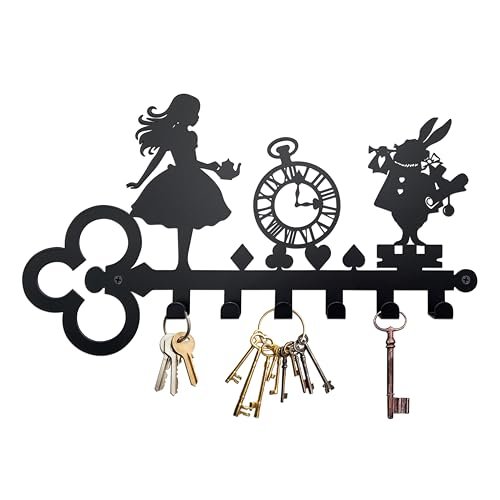 Xyverart Alice Decorative Key Holder for Wall – Metal Wonderland Entryway Key Hook Rack, Bunny with Vintage Clock, Alice Wall Decoration, Unique Gifts for Kids & Alice Lovers Home Decor
