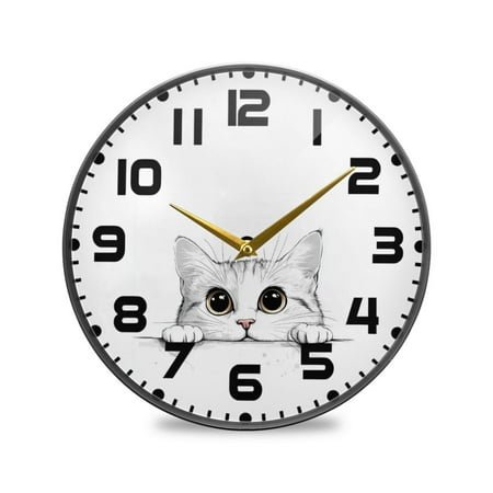 Yayeee Wall Clock for Living Room 9.5 inch Battery Operated Round with Holder, White Cat