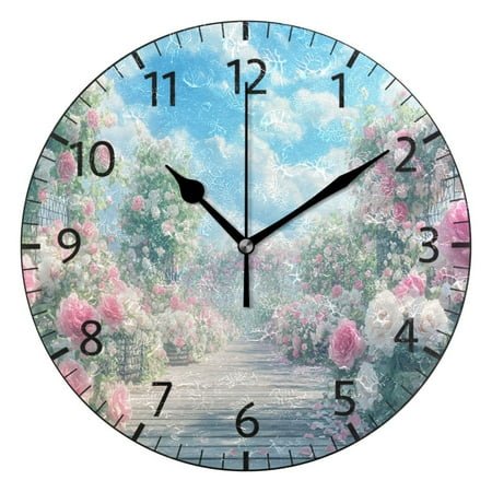 YAZAOO Decorative Wall Clock Size：25cm Blooming Pink Rose Design Pattern Clock