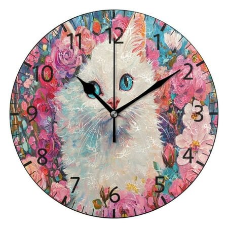 YAZAOO Decorative Wall Clock Size:25cm Cat Surrounded by Pink Flowers Design Pattern Clock