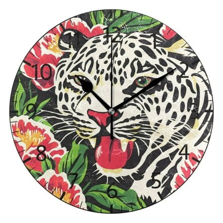 YAZAOO Decorative Wall Clock Size:25cm Leopard Among Blooms Design Pattern Clock