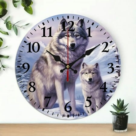 YILUYINQING 10-Inch Wolfs Snow Mountain Theme Wooden Wall Clock for Home Decor - Perfect for Living Rooms, Kitchens, Dorms, and Gifts 10x10in