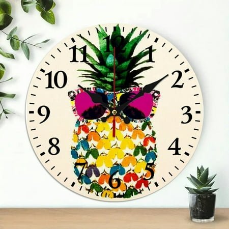 YILUYINQING Pineapple Sunglasses Summer Wooden Wall Clock Decor for Living Rooms and Kitchens, Easy-to-Read 10-Inch Clock with Hooks for Indoor/Outdoor Use 10x10in