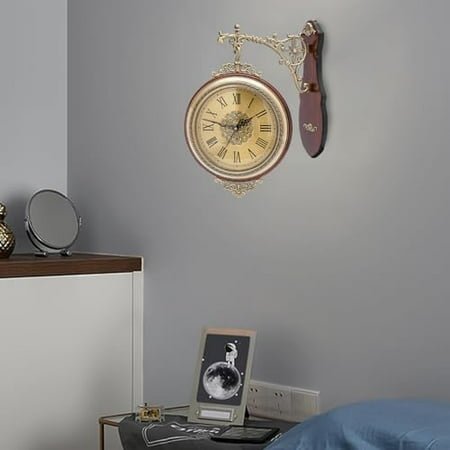 YIYIBYUS Double Sided Wall Clock, Vintage Quartz Clock Silent Non-Ticking Clock 12 Round Clock Classic Wrought Iron Two Faces Wall Hanging Clock Antique Style Railway Station Wall