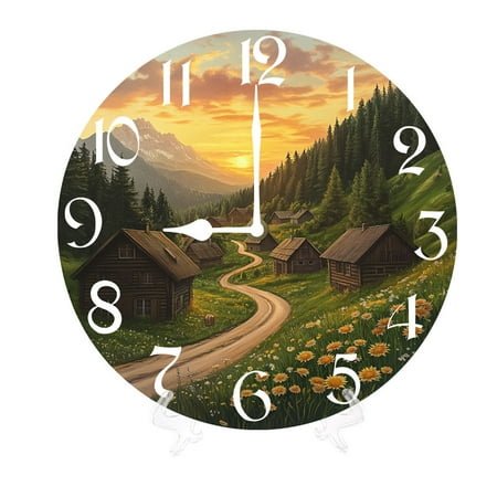 Yjiankangz Round Wall Clocks Country Mountains Wood Quartz Battery Operated Rustic Home Decor Handing Clocks for Living Room Kitchen Bedroom Bathroom Large Numbers Silent -10 Inch