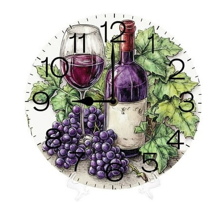 Yjiankangz Round Wall Clock Silent Non-Ticking Battery Operated Clock 10 Inch, Red White Wine Grapes Home Decor for Living Room, Kitchen, Bedroom, and Office