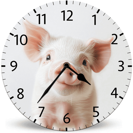 Ymaotrade Baby Pig Animal Portrait Pink Bubble Wooden Wall Clock 10in Silent Non-Ticking Battery Operated Wall Clock, Rustic Farmhouse Style Wall Clocks for Nursery Living Room Kitchen Decor