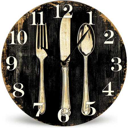 Ymaotrade French Retro Knife Fork Decoration Battery Operated Round Wood Silent Non Ticking Wall Clock 10in, Round Farmhouse Wall Clocks for Living Room, Kitchen, Home,Bathroom, Bedroom