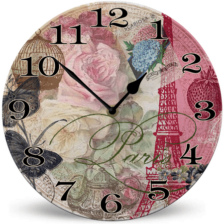 Ymaotrade Pink Paris Tower Wooden Wall Clock 10in Silent Non-Ticking Battery Operated Wall Clock, Decorative Battery Operated Wall Clocks for Bedroom, Kitchen, Home, Living Room, Office, Hotel
