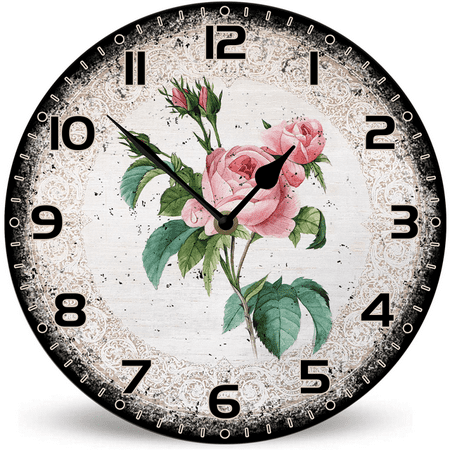 Ymaotrade Pink Roses Wood Wall Clock 10in Battery Operated Non-Ticking Wall Clock, Rustic Country Style Wall Clocks for Bedroom, Bathroom, Living Room, Home Office, School, Hotel