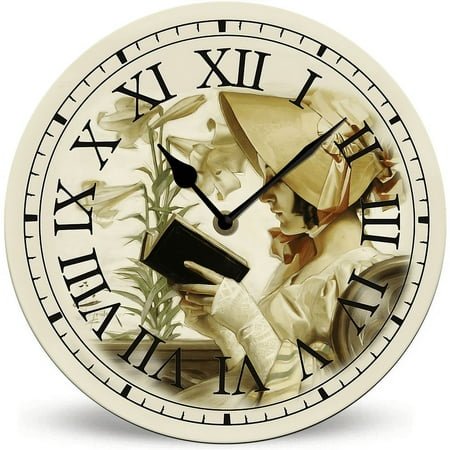 Ymaotrade Retro French Girl Battery Operated Round Wood Silent Non Ticking Wall Clock 10in, Rustic Farmhouse Decor Wall Clock for Bedroom, Kitchen, Home, Living Room, Office, School, Hotel, Bakery