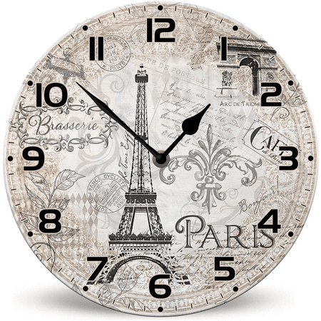 Ymaotrade Vintage Eiffel Tower Battery Operated Round Wood Silent Non Ticking Wall Clock 10in, Rustic Farmhouse Decor Wall Clock for Home Bedroom, Bathroom, Living Room, Office, School