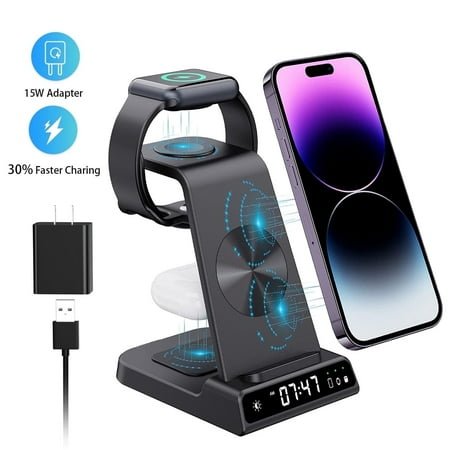 ZAP Wireless Charger Compatible with iPhone & Samsung Charger, 3 in 1 Fast Charging Station for Multiple Devices with Digital Clock Charging Dock Stand Compatible for iPhone & iWatch AirPods, Black