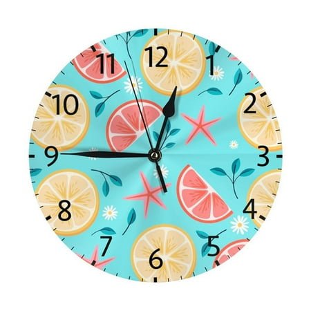 Zhmjortal Lemons Pattern Silent Non Ticking Clock 10 Inch,Round Wall Clock,Decorative for Living Room, Kitchen, Home,Bathroom, Bedroom, Office or School Yellow