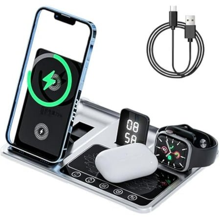 ZUREZE Station, 4 in 1 Alarm Clock Wireless Charger Stand, 4 in 1 Wireless Charging Dock for iPhone 16/15/13/12/XS/XR/XS/X/8, iWch 10/Ultra/8/7/SE/6/5/4/3, Apods Pro2/Pro1/3/2/1 (Silver)