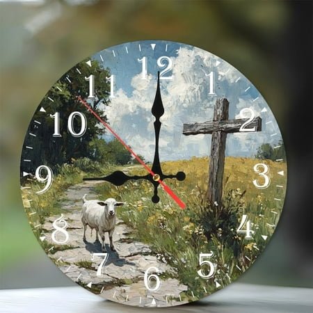 10-Inch Silent Wooden Wall Clock, Lamb Walks Country Path Cross Wildflowers Silent Non-Ticking Clock, Battery Operated (AA Batteries Not Included), Artistic Home Decor