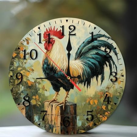 10-Inch Silent Wooden Wall Clock, Rooster Perched on Fence Post Autumn Scene Silent Non-Ticking Clock, Battery Operated (AA Batteries Not Included), Artistic Home Decor