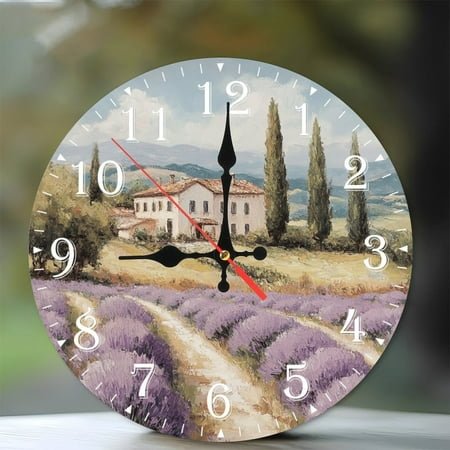 10-Inch Silent Wooden Wall Clock, Tuscan Villa Lavender Fields Clock Silent Non-Ticking Clock, Battery Operated (AA Batteries Not Included), Artistic Home Decor