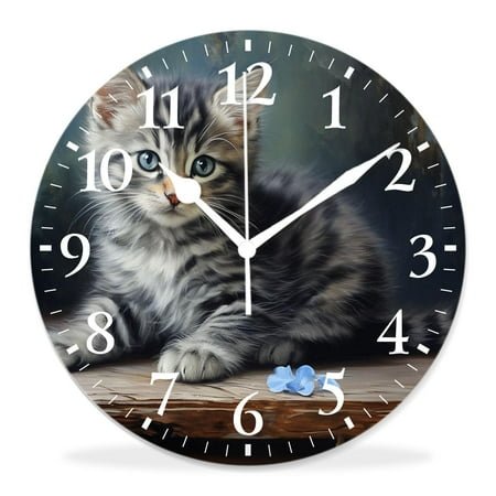 12 Inch Wall Clock Battery Operated Silent Clock Decorative for Office, Kitchen, Outdoor, Living Room，Black Cat Cute American Cat Kitten Animal Glowing Eyes Elegant