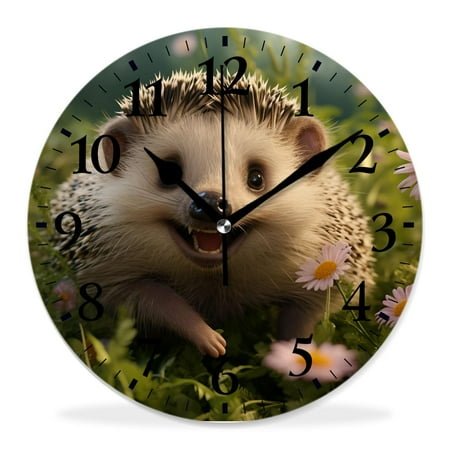 12 Inch Wall Clock Battery Operated Silent Clock Decorative for Office, Kitchen, Outdoor, Living Room，Funny Cute West European Hedgehog Animal on Green Grass Meadow Art