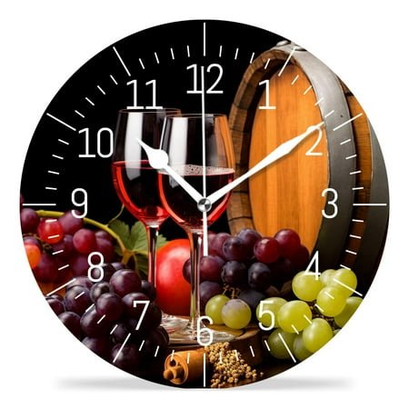 12 Inch Wall Clock Battery Operated Silent Clock Decorative for Office, Kitchen, Outdoor, Living Room，Red Wine in Wine Glass Art