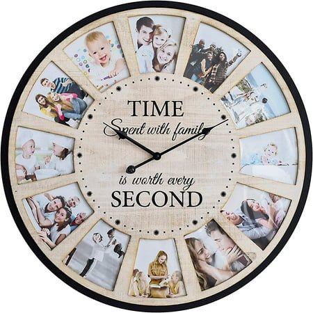12 Photo Collage Family Wood Wall Clock, Rustic Farmhouse Wall Clock, Large Oversized Wall Clocks for Home, Kitchen, Living Room, Silent Battery Powered 25 Inch White