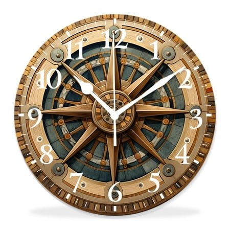 14 Inch Wall Clock Battery Operated Silent Clock Decorative for Office, Kitchen, Outdoor, Living Room，Navy Nautical Ship Wheel Pattern on Wooden Background Pattern