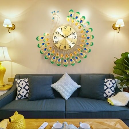 15In Silent Metal Crystal 3D Peacock Wall Clock for Living Room Decor Modern Art
