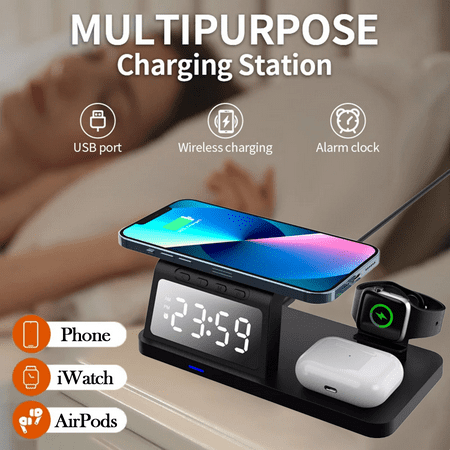 15W 4-in-1 Wireless Charging Station with Alarm Clock & Night Light – Fast Charger for iPhone, Apple Watch, AirPods & Android – Black