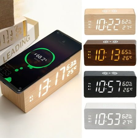 15W Wooden Wireless Charging Clock | Multifunctional Smart LED Alarm Clock with Temperature & Humidity Display | Silent Luminous Night Light | Fast Qi Charger | 146x62x68mm | USB Powered