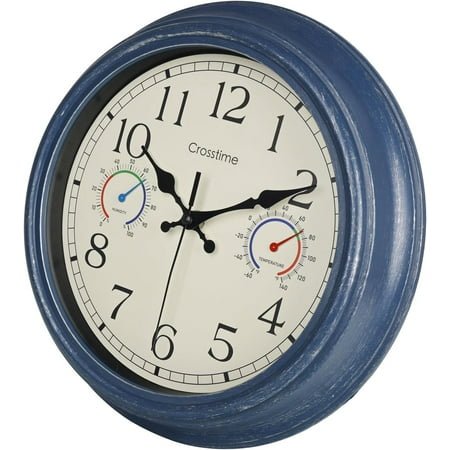 18 Inch Large Outdoor Clock Waterproof with Thermometer and Hygrometer Combo, Retro Vintage Indoor Outdoor Wall Clocks for Patio Pool Garden Living Room Home Decor- Blue