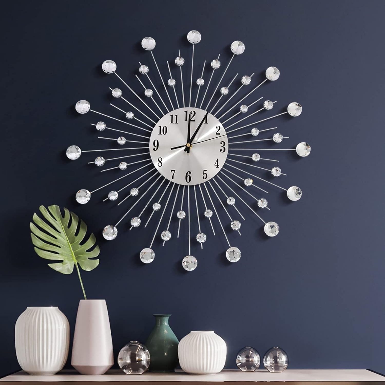 19.7 Inch Large Wall Clock, Silent Modern Metal Silver Crystal Wall Clock
