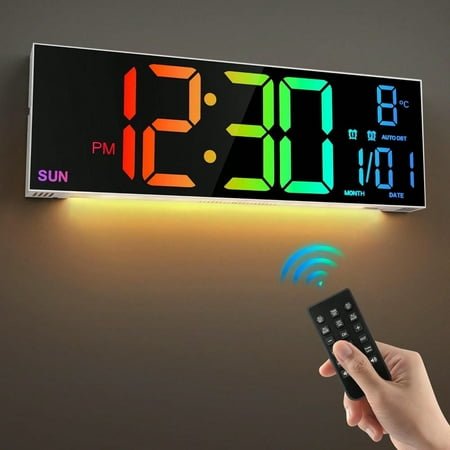 1pc Extra 16 Large Screen Digital Wall Clock with Remote Control, Dual Alarm with Big LED Screen Dispaly, 8 RGB Colors, Auto DST, Temperature for Living Room, Bedroom, Desk Decor, Mounted,