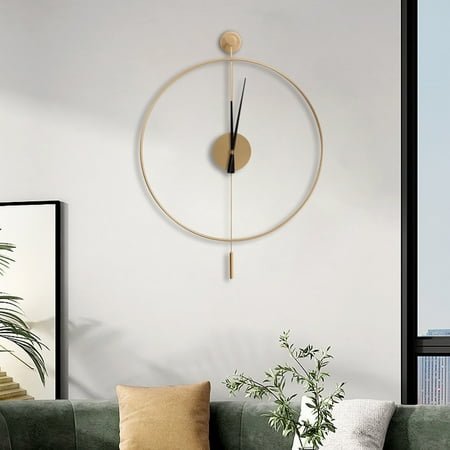 23.6 Large Decorative Wall Clock with Pendulum, Battery Operated Silent Metal Analog Wall Clocks for Living Room, Office Gold