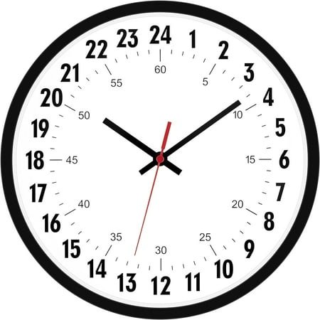 24 Hour Wall Clock 12 Inch Quartz Battery Operated Round Analog Wall Clock Military Time Clock for Classroom School Office Living Room Bedroom Home (Black)