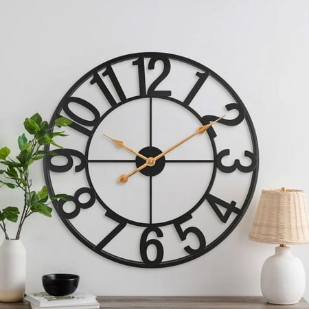 24 Inch Wall Clock for Living Room Decor, Modern Industrial Wall Clocks Battery Operated, Silent Non-Ticking Analog Metal Clock for Dining Room, Bedroom, Home, Office