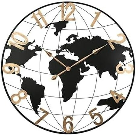 36-Inch Large World Map Wall Clock, Silent Black Metal Design with Vintage Gold Arabic Numeral, Oversized Decorative Clock for Living Room, Bedroom, Dining Room, and Office