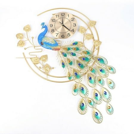 36.6 Luxury Peacock Large Wall Clock 3D Metal Living Room Wall Watch Decor NEW