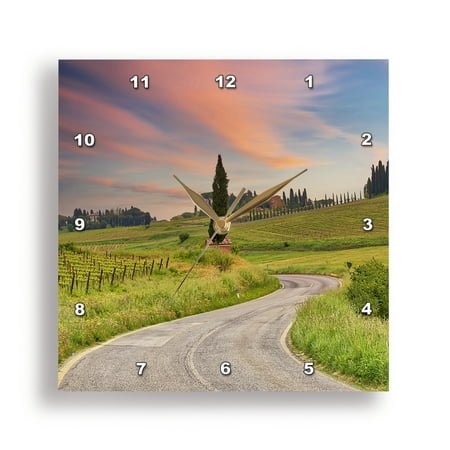 3dRose, Italy, Umbria. Winding road through Field., 13x13 Wall Clock