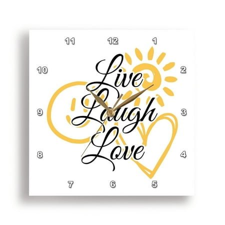 3dRose, Motivational quote Live Laugh Love with sun smiley and heart icons, 10x10 Wall Clock