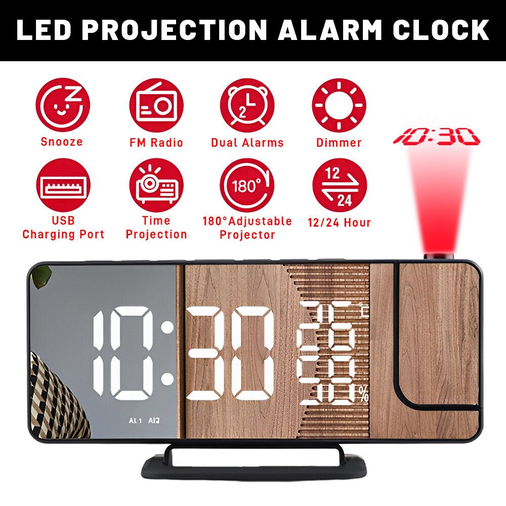 7.5'' LED Projection Alarm Clock Snooze LCD Display Weather Snooze USB FM Radio