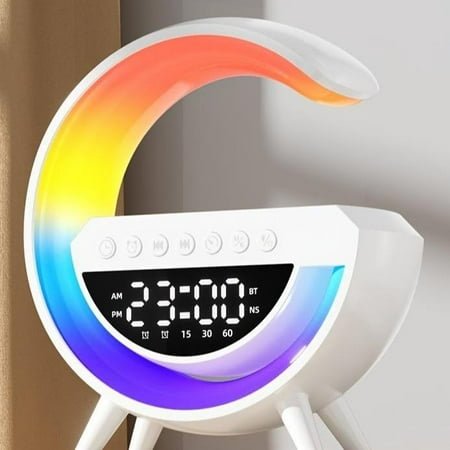 7in1 RGB MultiFunction Wireless Speaker, Bluetooth Rechargeable Audio, Wireless Charging Station for Smartphone, Alarm Clock, FM Radio, 7-Color LED Night Light Lamp for Room, Office