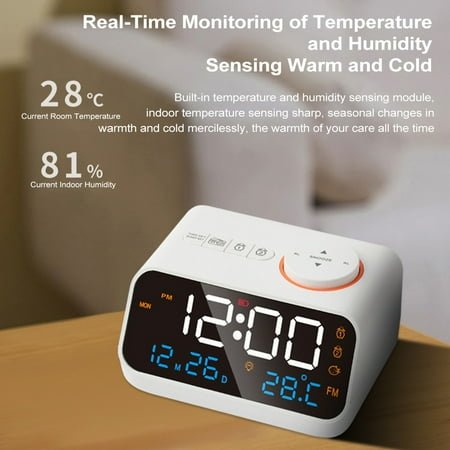 Alarm clock,With Led Dual Alarm Snooze Seniors And Kids Clock With 0-100% Dimmer Display 0-100% Alarm Clock Snooze Thermometer Seniors Radio Sound Dimmer Fm Radio White