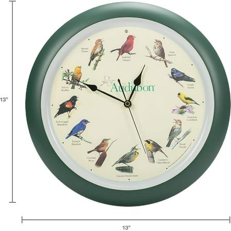 Audubon Singing Bird Wall Clock, 13 Inch, Green