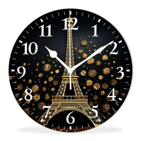 Battery Operated Quartz Wall Clocks Non-Ticking Quiet Analog Clock Decorative Indoor Bedroom-Golden Eiffel Tower Creative(14inch)