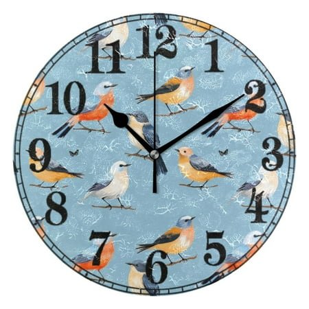 Birds on Blue 10 Silent Wall Clock Non-Ticking Battery Clocks