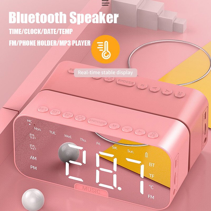 Bluetooth Speaker Wireless Stereo Bass TF/FM Radio Alarm Clock LED Mirror Screen