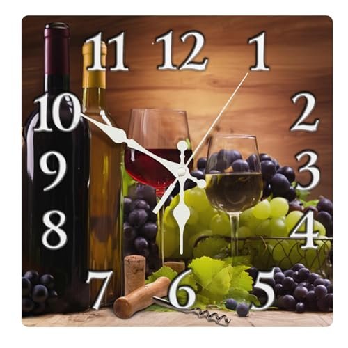 Britimes Square Wall Clock Silent Non-Ticking Battery Operated Clock 12 Inch, Glasses Red White Wine Grapes Home Decor for Living Room, Kitchen, Bedroom, and Office