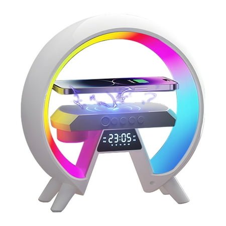 Brochao Digital Alarm Clock with Wireless Charging, Bluetooth Speaker & Dimmable Night Light, 4 in 1 LED Table Lamp Desk Lamp for Bedroom Living Room Office